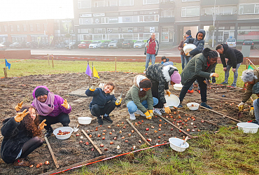 Scholieren helpen tulpenvelden aanleggen in Poptahof en Voorhof